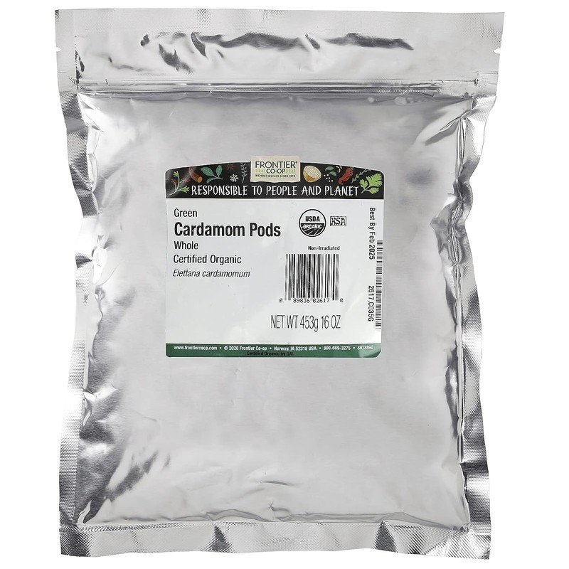 Frontier Co-op Organic Whole Cardamom Pods, 1-Pound, Sweet, Warm Taste,