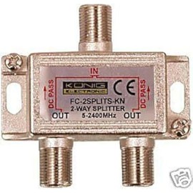 2 Way F-Connector (Satellite) Cable Splitter - DC Power Pass Through - Metal Casting - 1 x Female to 2 x Female (Split RF Coax Signal from ONE Source to TWO Displays)