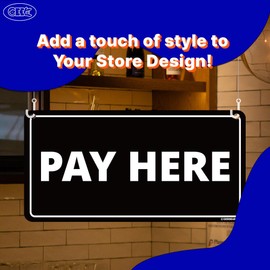 GEEKBEAR Pay Here Sign Hanging from Ceiling - 12 x 6 in (Red)