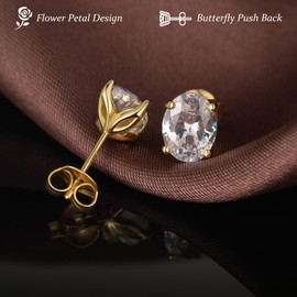 JiaYangJY Oval Cut 4ct CZ Diamond Stud Earrings for Women, 925 Sterling Silver 18K Yellow Gold Plated Flower Prong Design with 7MM Simulated Diamonds Earring