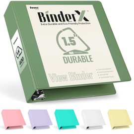 Sooez BinderX Extra Durable 1.5 Inch 3 Ring Binder, D-Ring Large Binder, Holds 400 Sheets of 8.5x11 Paper, Customizable View Cover with Inside Pockets, Heavy Duty 3 Ring Binder for School, Olive Green