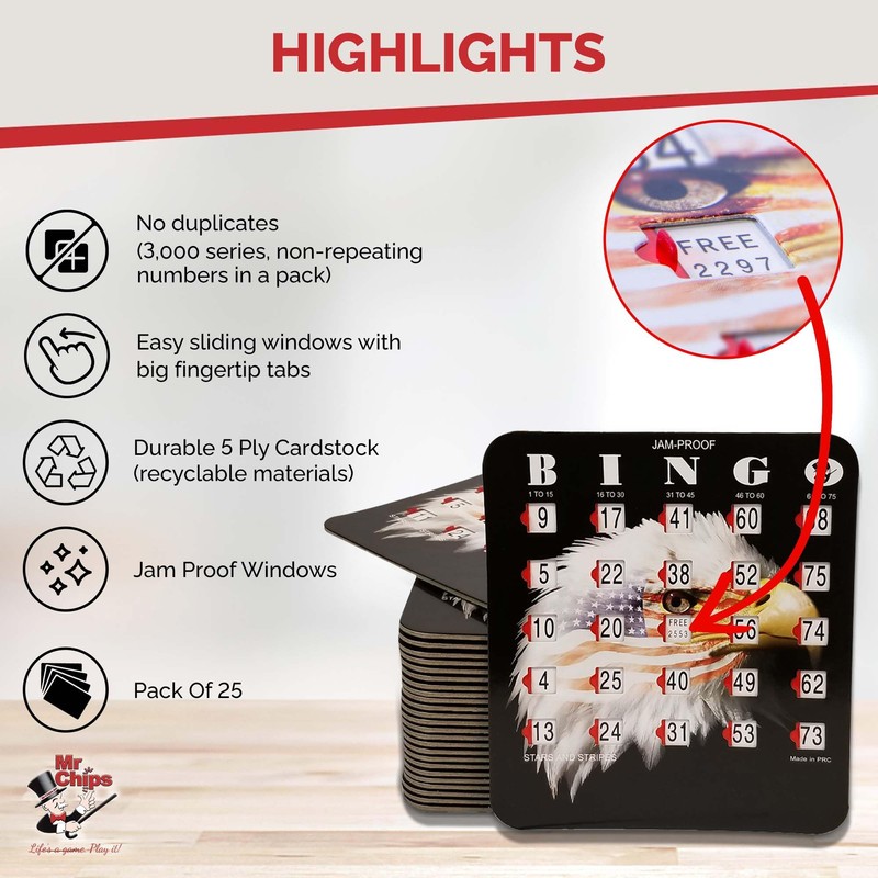 MR CHIPS Jam-Proof Fingertip Bingo Cards with Sliding Windows 25