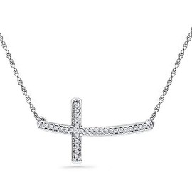 Sterling Silver Womens Round Diamond Horizontal Sideways Cross Necklace 1/10 Cttw