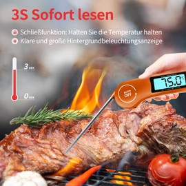 DOQAUS Grill Thermometer Meat Thermometer Kitchen Thermometer Roasting Thermometer Cooking Thermometer with 3s Instant Reading, LCD Screen and Long Probe, for Cooking, BBQ (Orange)