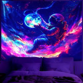 BVBOX Astronaut Space Blacklight Tapestry 79"x59", UV Reactive Floating Astronaut Iridescent Cloud Universe Galaxy Planet Glow in Dark Tapestries, Black Light Neon Upright Poster Wall Hanging Backdrop Decor for Bedroom Living Room