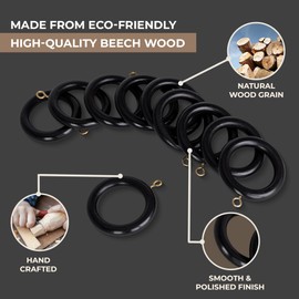 INANOSA 24 Pcs Handcrafted Polished Black Wood Curtain Rings with Hooks – 2.5" Outer, 1.75" Inner Diameter – Smooth Wooden Drapery Rings for Rod with Metal Hooks