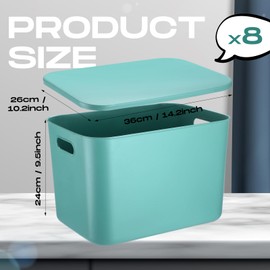 Hoolerry 8 Pieces Colorful Storage Bins with Lid and Handle, Plastic Stackable Baskets Desktop Cube Box Cubby Bins Containers for Shelf Cabinet Bedroom Office (Green,14.2 x 10.2 x 9.5 Inch)