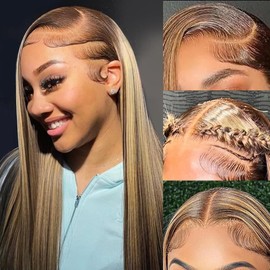 Highlight Lace Front Wigs Human Hair Straight 13x4 HD Lace Wigs Human Hair for Black Women Baby Hair with 180 Density 18 Inch Long Bob 4/27 Color