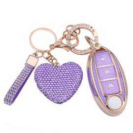 Meruns Compatiable with Nissan 3 Buttons Key fob Cover with Diamond Bling Keychain, Car Accessories Keys Shell TPU for Rogue Armada Pathfinder Versa Smart Key, Gold Purple