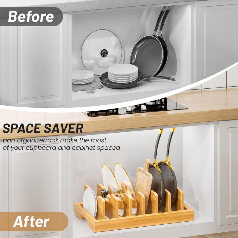 Kiasthome Bamboo Pot and Pan Organizer, Pot Lid Organizer Holder