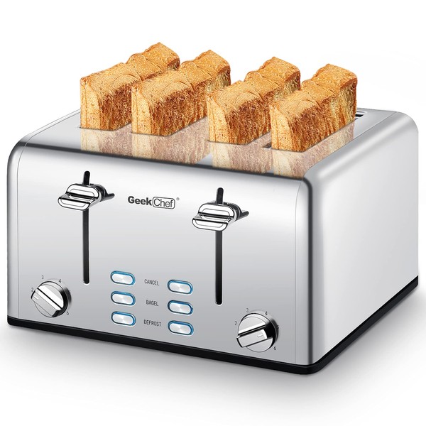 Toaster 4 Slice, Geek Chef Stainless Steel Toaster with Extra Wide Slots, 4 Slot Toaster with Bagel/Defrost/Cancel Function, Dual Control Panel of 6 Toasting Bread Shade Settings, Removable Crumb Trays, High Lift Lever, ETL