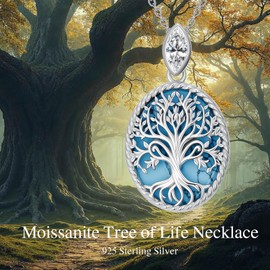 Tree of Life Oval Necklace, 925 Sterling Silver 0.5 Carat Marquise-Cut Moissanite and Turquoise/Abalone Shell/Opal/Malachite/Agate Tree of Life Oval Pendant Necklaces Jewelry Gift for Women Mom (Style 1)