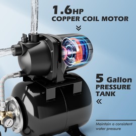 IRONMAX 1.6HP Shallow Well Pump with Pressure Tank, Stainless Steel Electric Garden Irrigation Pump, Portable Automatic 1000GPH Water Booster Jet Pump for Home Water Transfer Lawn Farm RV (Black)