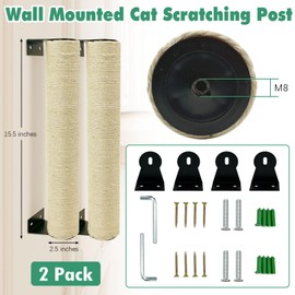 Apatal Wall Mounted Scratching Post for Cats 16 Inches Sisal Rope Cat Wall Scratcher Posts 2 Pack of Wall Mount Cat Furniture for Indoor Kittty to Scratch and Climbing with Feather Toys