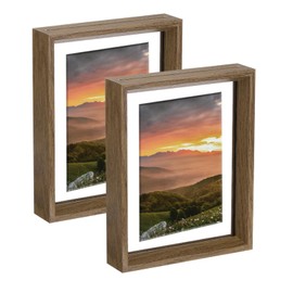 MECCANIXITY 2Pcs Floating Frame, 8 x 6 Inch Natural Wood Pictures Frames for Pressed Flowers Standing Wall Hanging Picture Collection, Walnut