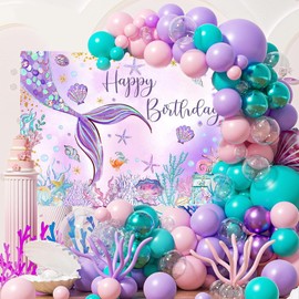 Mocsicka Mermaid Birthday Backdrop 7x5ftGirl Mermaid Birthday Party Decorations Under The Sea Happy Birthday Background Decorations for Girls Starfish Shell Seaweed Photography Background