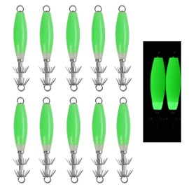 Fluorescent Squid Jig Hooks Luminous Squid Jigs Lures,10pcs Fishing Squid Cuttlefish Sleeve Jig Lure Octopus Baits Stainless Steel Squid Hooks,Green