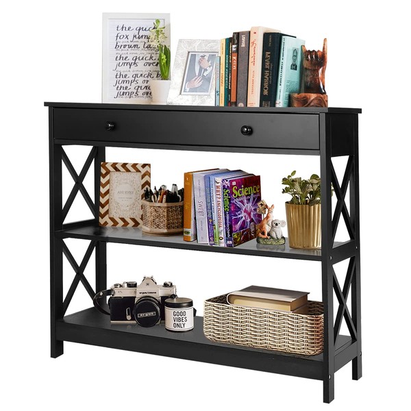 ZenStyle 3 Tier Console Table with Drawer, Sofa Side Table Entryway Table with Storage Shelves, Narrow Accent End Table for Hallway, Couch, Living Room, Entryway, 39.3 Inch, Black