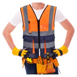 PB TECH Hi Vis Zipper Front High Visibility Reflective Vest Hi Vis Executive Jacket Vest Waistcoat ID & Multiple Pockets (Orange & Navy, M)