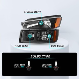 TUSDAR 4PCS Fits For 2002-2006 Chevy Avalanche with Body Cladding Pickup Bumper Lights Halogen Headlights Replacement Factory Headlamp Front Lamps LH+RH Black Housing