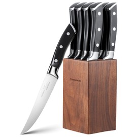 Steak Knives Set of 8, 5 Inch Non Serrated Steak Knife with Walnut Block, Razor-Sharp German Stainless Steel Dinner Knives, Durable Full Tang Forged Straight Edge Meat Knife for Home Dining&Gift