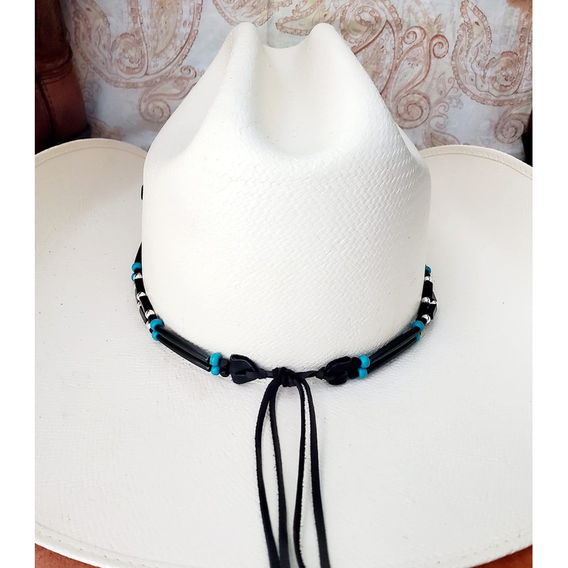 Handmade Western Cowboy Hatband with Silver, Turquoise, Thin Black Horn