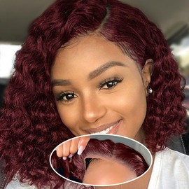 HD Glueless Wigs Human Hair Pre Plucked Pre Cut Bob 4x4, 18 Inch Burgundy 210% Density Hairline Curly Bob Wig Human Hair, Wear and Go Deep Wave Lace Front Wigs Human Hair for Black Women