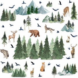 Woodland Animal Wall Stickers Forest Animals Wall Decal Watercolor Green Pine Tree Wall Stickers Removable Large Mountain Tree Animal Wall Stickers for Nursery Kids Room Bedroom Decor