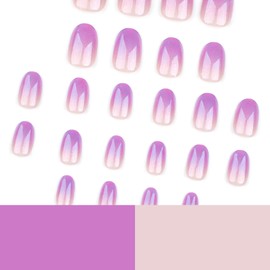 Short Round Almond Press on Nails Fake Nails Simple with Nude Purple Gradient Design False Nails French Tip Stick on Nails Full Cover Thick Glossy Acrylic Glue on Nails for Women 24Pcs JP3435