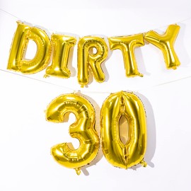 CAIRIAC Golden Dirty Thirty Balloons Decorations for Men Women, Dirty 30th Birthday Party Themes Banner for Her Him, Dirty 30 Balloons for Birthday (Gold, 32 Inch Dirty, 40 Inch 30 Jumbo Balloons)