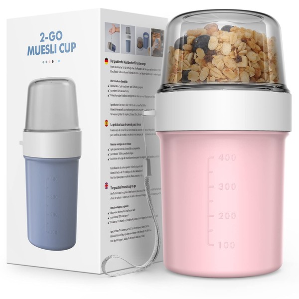 Jim's Store Breakfast Cereal Cup 2 in 1 To-go Yogurt Pot Leakproof Overnight Oats Jar Breakfast Storage Container BPA Free for School Office Travel Picnic - 560ml+310ml (Pink)