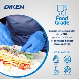 DIKEN Guantes 100% Nitrilo, Grado Alimenticio, Color Azul, SIN Polvo, Libre de Látex, Desechables, Talla Extra Grande, Diseño Ambidiestro (Extra Grande)