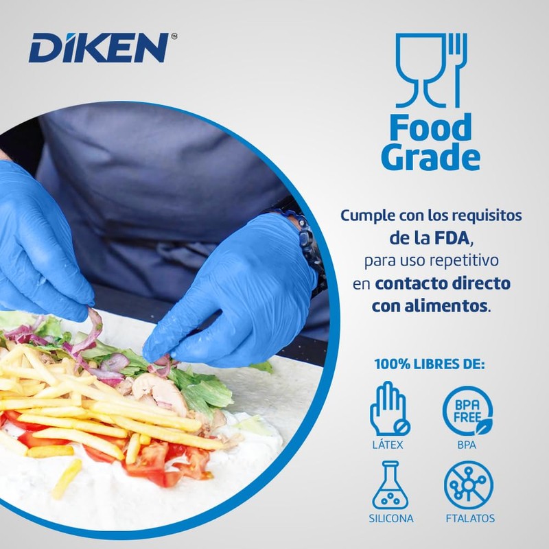 DIKEN Guantes 100% Nitrilo, Grado Alimenticio, Color Azul, SIN Polvo,