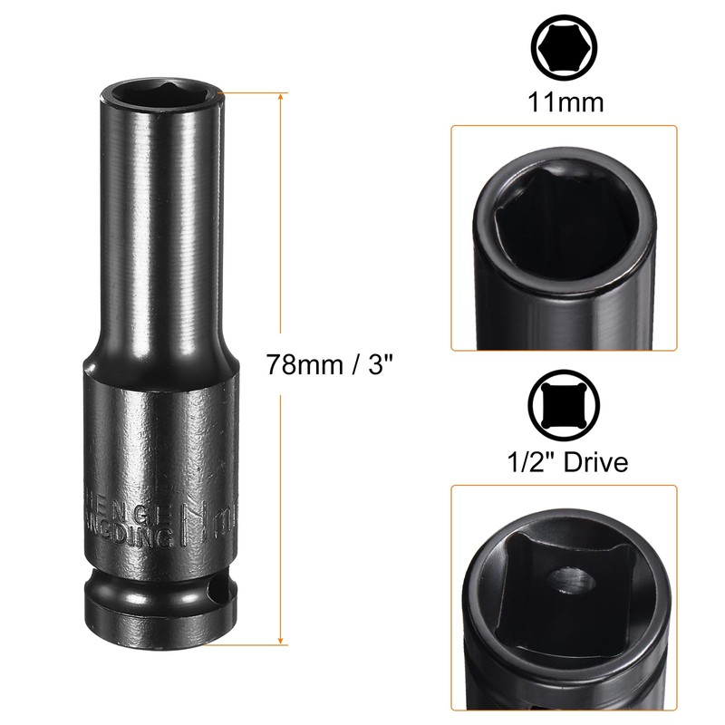 HARFINGTON Deep 6-Point Impact Socket 1/2" Drive 11mm Metric Socket