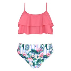 SHEKINI Girls' Two-Piece Swimsuit Ruffle Adjustable Printed Tankini Top with Bikini Bottoms Bikini Teenagers for 6-14 Years, Girl - Watermelon Red