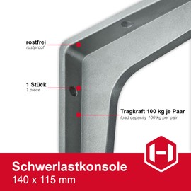 Gedotec Sparta Heavy Duty Aluminium Shelf Console | Depth: 140 mm | 1 Piece | Heavy Duty Aluminium Support | Load Capacity 100 kg for Wall Shelves | Rustproof Shelf Support | Wall Angle