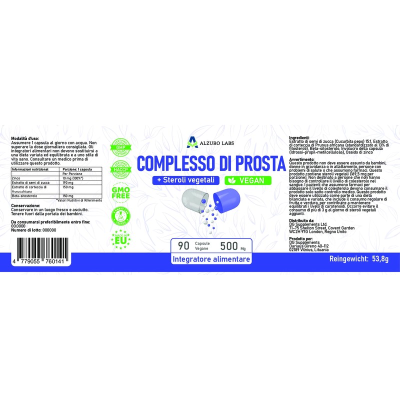 Alzuro Labs Prosta Complex | (Pygeum Africanum, Beta-Sitosterol, Kürbiskernextrakt) |