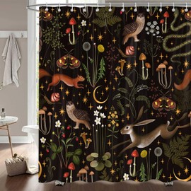 PAOPOED Fairy Rustic Forest Shower Curtain, Boho Cute Funny Gothic Vintage Mushrooms Woodland Wild Animals Butterfly Bathroom Decor，Waterproof Fabric Shower Curtain Set with Hooks 72X84Inch