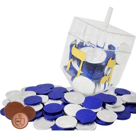 Dreidel Filled with Blue and Silver Hanukkah Chocolate Gelt Coins, 10 Belgian Chocolate Half Dollar Coins, Milk Chanukah Gelt, Kosher Certified Dairy (Single)