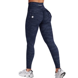 YEOREO CoreFlex Leggings with Pockets for Women Charm Scrunch Workout Leggings V Cross Waist Butt Lifting Gym Yoga Pants Navy Camo