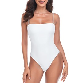 RELLECIGA Women's White High Cut Bandeau One Piece Swimsuits with Adjustable Shoulder Straps Size Medium