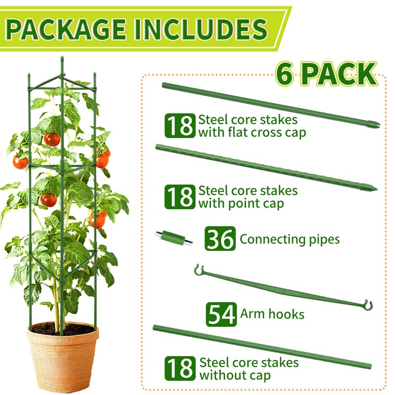 SORANGEUN 6 Pack Tomato Cages for Garden, 48” Metal Tomato