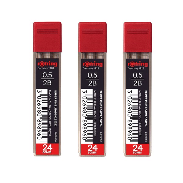 rOtring 0.5mm 2B Super Polymer Pencil Lead - Pack of 3 Tubes - 72 Leads in Total - Refills for Mechanical Pencils