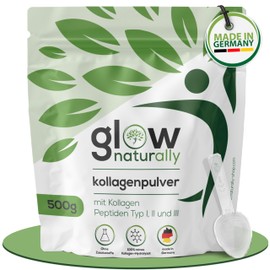 naturally glow Collagen Powder - 500 g - with Measuring Spoon, Contains Collagen Peptides Type I, II and III, Premium Collagen Powder Hydrolysate High Dose, Laboratory Tested