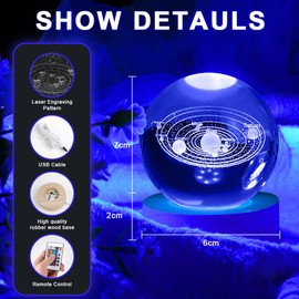 HOTUT 3D Solar System Crystal Ball, 16 Colors 3D Planets Crystal Ball with Wooden Base, Space Galaxy Crystal Ball with Remote Control, 3D Crystal LED Night Light Tabletop for Birthday Gift Home Decor