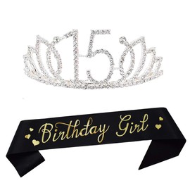 15th Birthday Princess Crystal Tiara, Silver Glitter Satin Sash, Party Supplies and Decorations for Girls