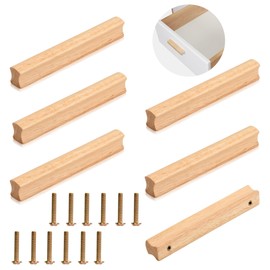 QHKLEW Pack of 6 Wooden Furniture Handles, Cabinet Handles Wood with Screws, Hole Spacing 64 mm, Wood Handles, Furniture Solid, Universal Wooden Handle, Kitchen Handles for Cabinets, Offices and