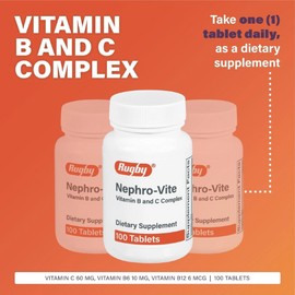 Rugby Nephrovite B and C Complex Supplement Tablets 100ct -Expiration 03-2026 5367300015