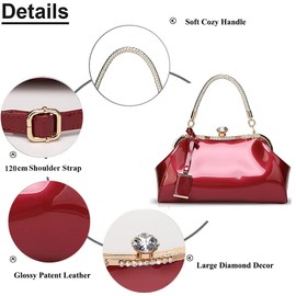 RTGGSEL Diamond Crystal Glossy Patent Leather Top Handle Tote Handbag for Women Bag Evening Wedding Shoulder Bag Satchel Purse (Wine Red)