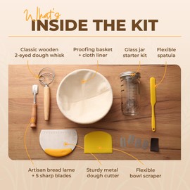 BAKERIA Sourdough Bread Kit – 9" Banneton, Glass Starter Jar, Danish Whisk, Bread Lame + Blades, Scrapers & Recipe Book | Complete Baking Set (No Starter Culture Included)